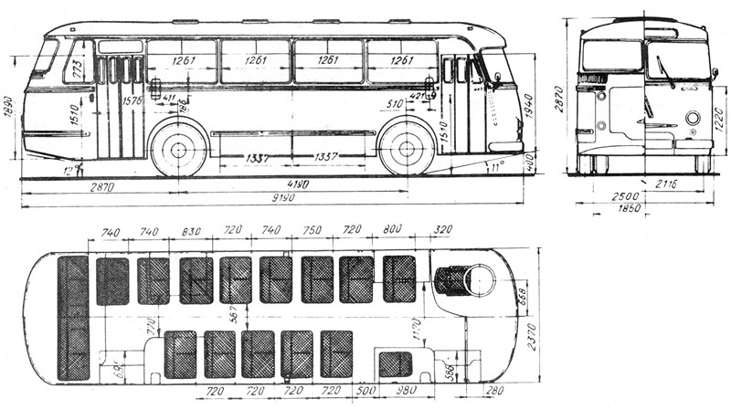 Габаритный чертеж автобуса ЛАЗ-695М