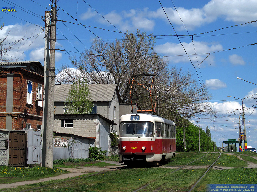 Tatra-T3SUCS #3022 27-го маршрута на улице Академика Павлова в районе Казантипского въезда