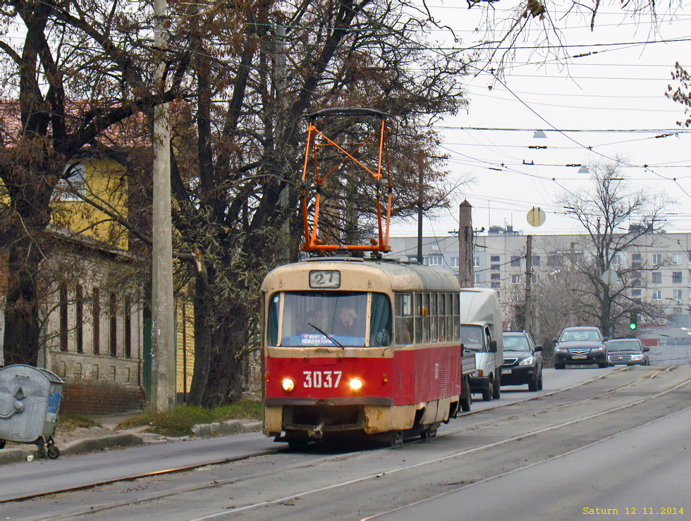 Tatra-T3SU #3037 27-го маршрута на улице 1-й Конной Армии в районе улицы Елизаветинской