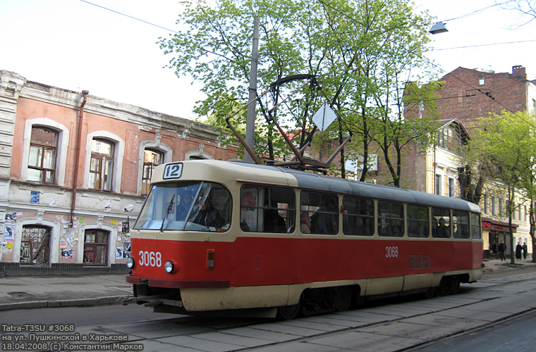 Tatra-T3SU #3068 12-го маршрута на улице Пушкинской
