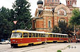 Tatra-T3SU #399-400 2-го маршрута поворачивает с улицы 1-й Конной армии в Рыбасовский переулок