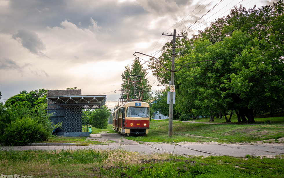 Tatra-T3SUCS/T3SU #401-402 3-го маршрута на улице Залютинской возле Пластичного переулка