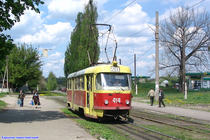 Tatra-T3SU #414 20-го маршрута на улице Клочковской в районе остановки "Улица Кузнецкая"