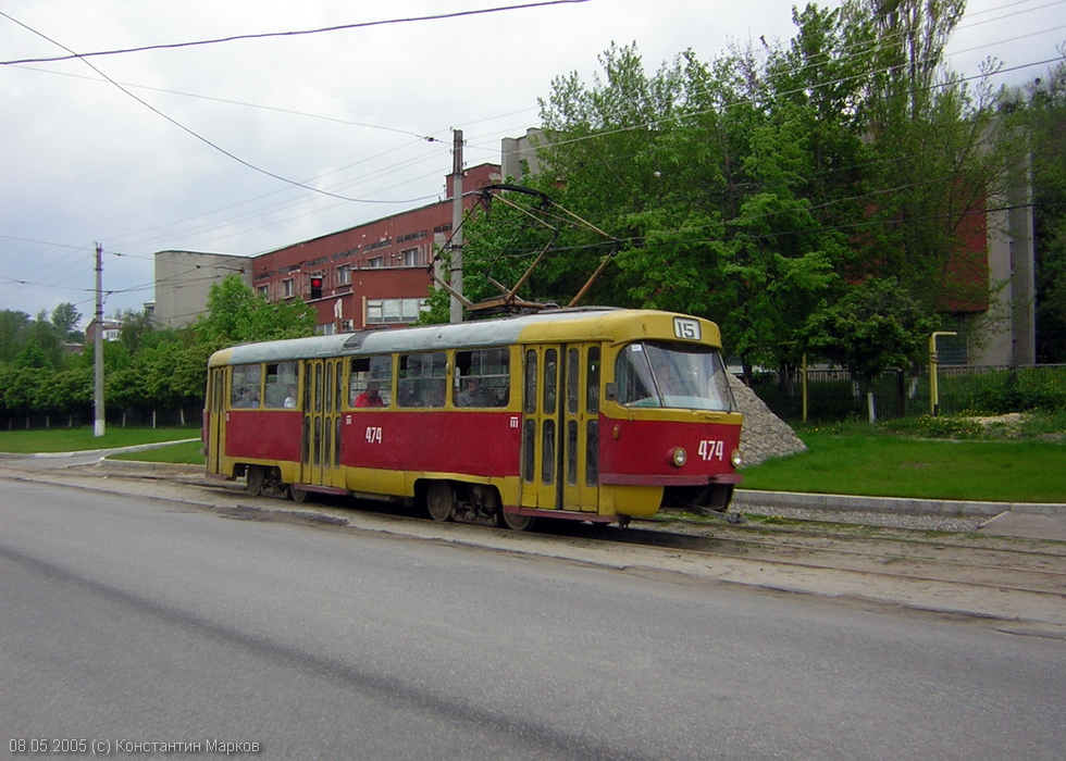Tatra-T3SU #474 15-го маршрута на улице Шевченко в районе остановки "Красная нить"