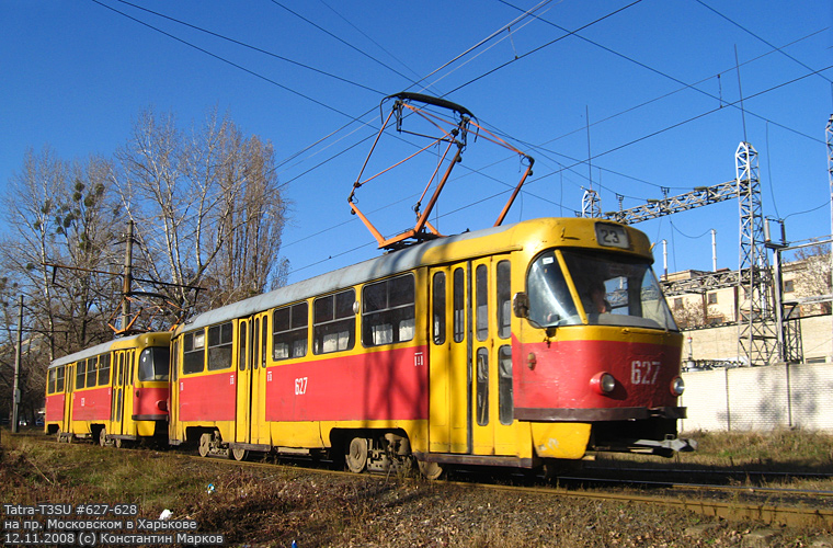 Tatra-T3SU #627-628 23-го маршрута на Московском проспекте в районе станции метро "Пролетарская"