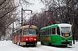 Tatra-T3SU #654-670 23-го маршрута и T3-ВПА #4107 8-го маршрута на Салтовском шоссе возле конечной станции "602-й микрорайон"