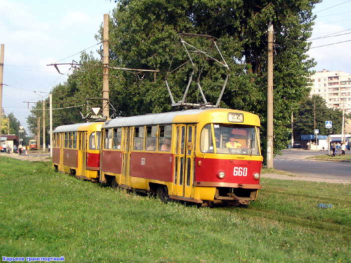 Tatra-T3SU #660-659 22-го маршрута на Салтовском шоссе в районе пересечения с проспектом Тракторостроителей