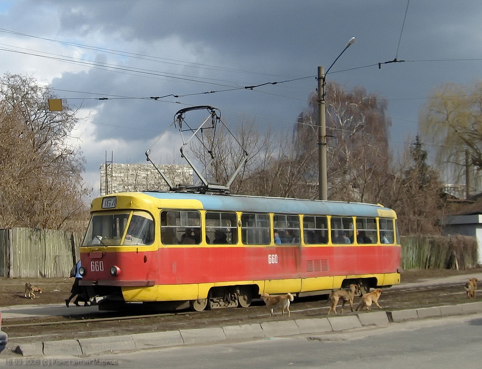 Tatra-T3SU #660 маршрута 16-А на улице Академика Павлова в районе Сабуровой дачи