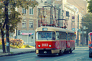 Tatra-T3SU #3003-3004 27-го маршрута на улице Кирова в районе улицы Плехановской