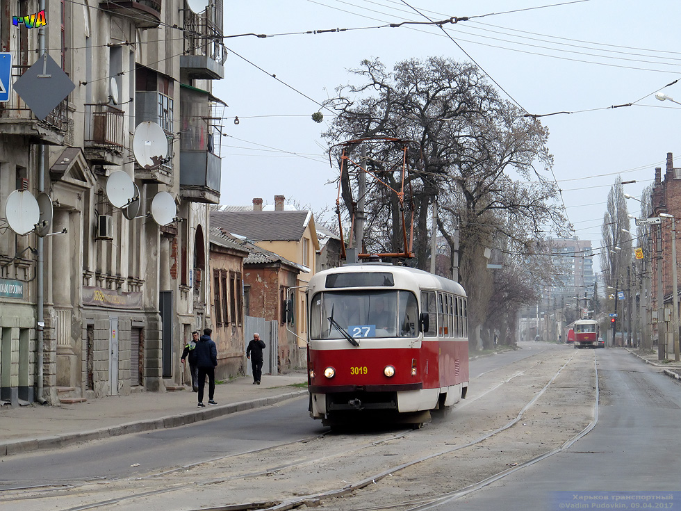 Tatra-T3SUCS #3019 27-го маршрута на улице Гольдберговской возле Рыбасовского переулка
