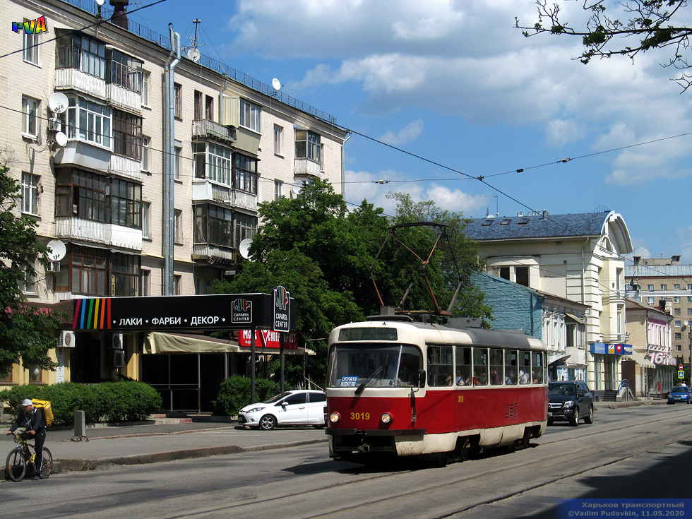 Tatra-T3SUCS #3019 6-го маршрута на Московском проспекте в районе улицы Богдана Хмельницкого