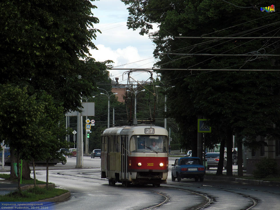 Tatra-T3SUCS #3022 27-го маршрута на улице Плехановской в районе Власовского переулка