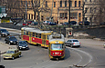 Tatra-T3SU #3027-3028 3-го маршрута выезжает с улицы Полтавский шлях на Пролетарскую площадь