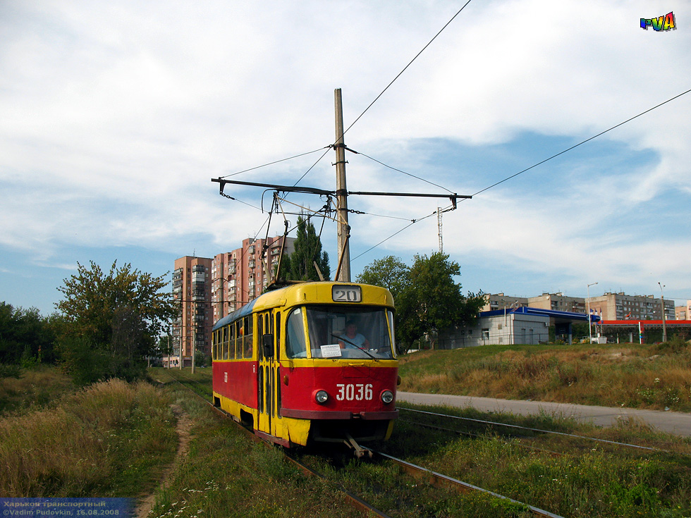 Tatra-T3SU #3036 20-го маршрута на улице Клочковской в районе Алексеевской балки