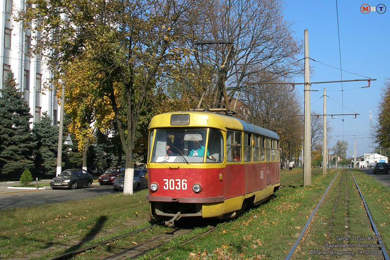 Tatra-T3SU #3036 2-го маршрута на площади Восстания