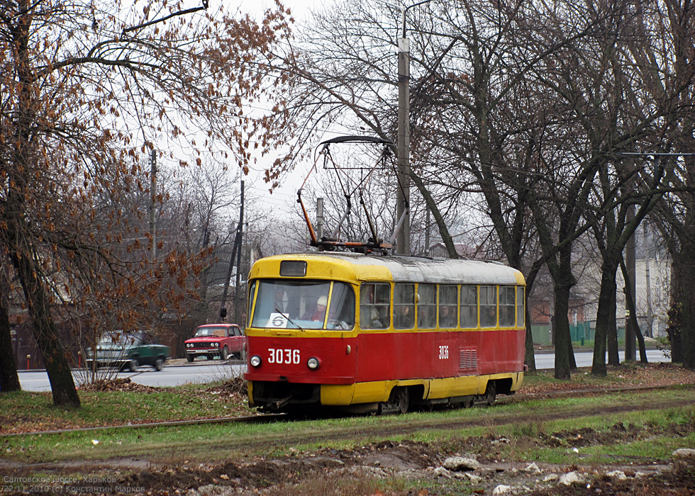 Tatra-T3SU #3036 6-го маршрута  на Салтовском шоссе перед перекрестком с проспектом 50-летия СССР