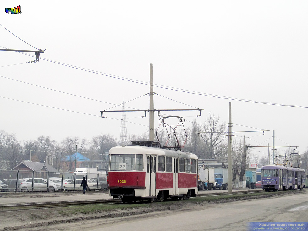 Tatra-T3A #3036 27-го маршрута на улице Москалевской в районе переулка Пахаря