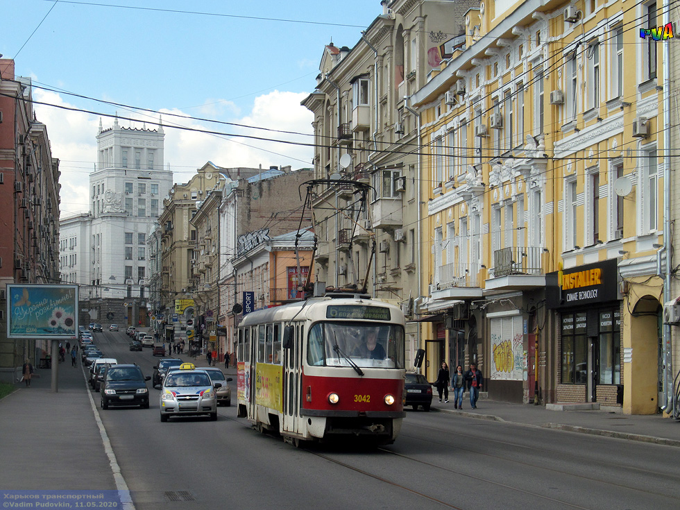 Tatra-T3SUCS #3042 6-го маршрута на Московском проспекте в районе Слесарного переулка