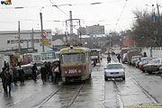 Tatra-T3SU #3054 20-го маршрута в Пискуновском переулке возле остановки "Центральный рынок"