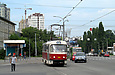 Tatra-T3SUCS #3066 12-го маршрута выполняет маневры на перекрестке улицы Клочковской, пробивки Новоивановского моста и Клочковского спуска