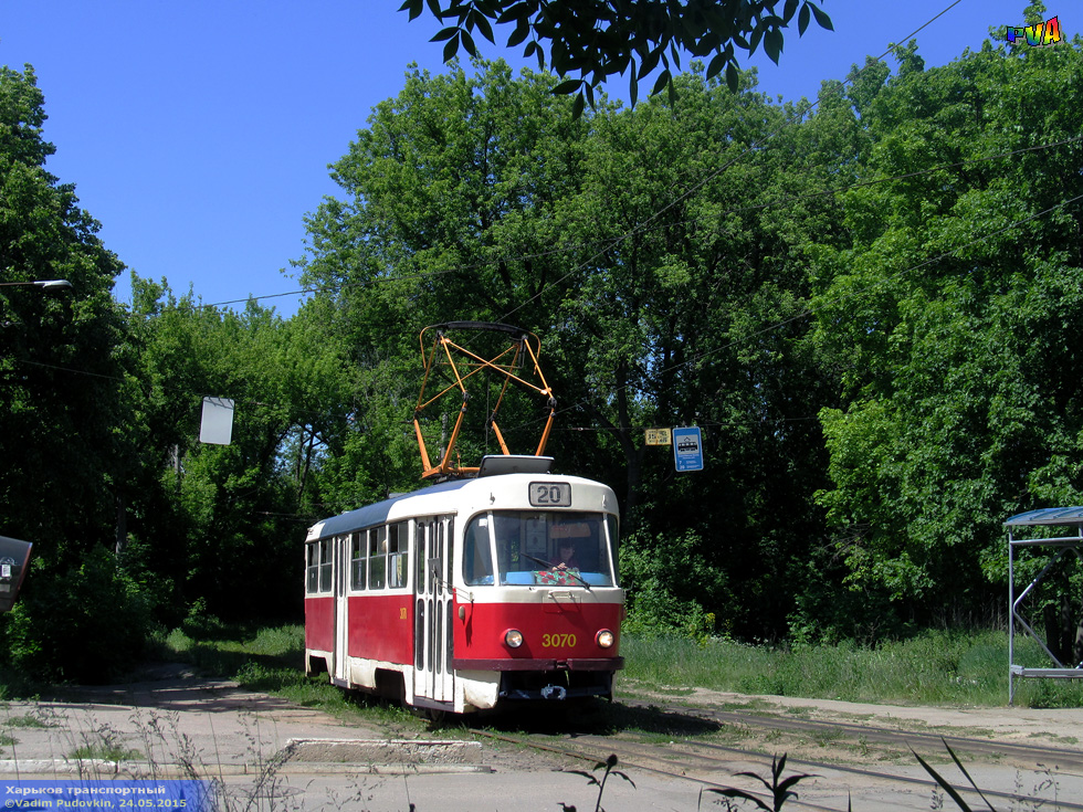 Tatra-T3SU #3070 20-го маршрута на улице Клочковской возле остановки "Алексеевская балка"