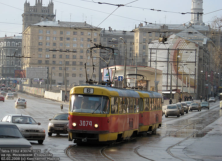 Tatra-T3SU #3074-3075 6-го маршрута на Московском проспекте возле Харьковского моста