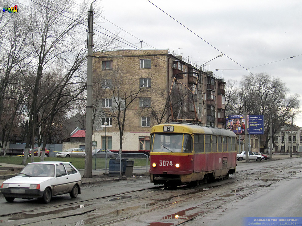 Tatra-T3SU #3074 6-го маршрута на улице Октябрьской Революции в районе улицы 1-й Конной Армии