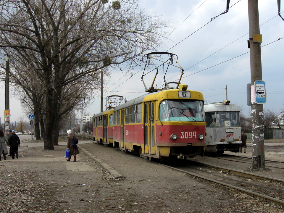 Tatra-T3SU #3094-3095 6-го маршрута на Салтовском шоссе отправляется от остановки "Улица Лафарга"
