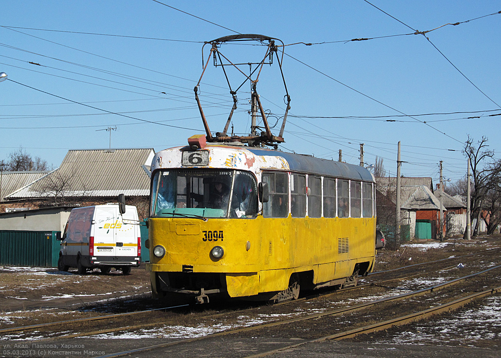 Tatra-T3SU #3094 6-го маршрута на улице Академика Павлова в районе Сабуровой дачи