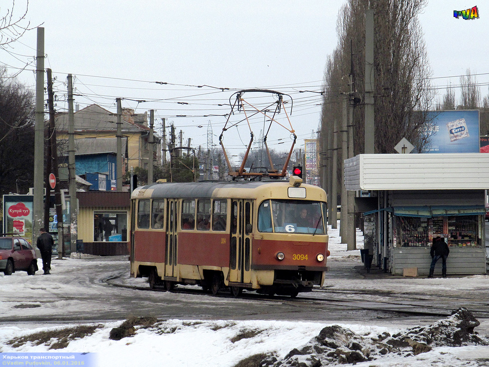 Tatra-T3SU #3094 6-го маршрута на улице Академика Павлова в районе переулка Боткина