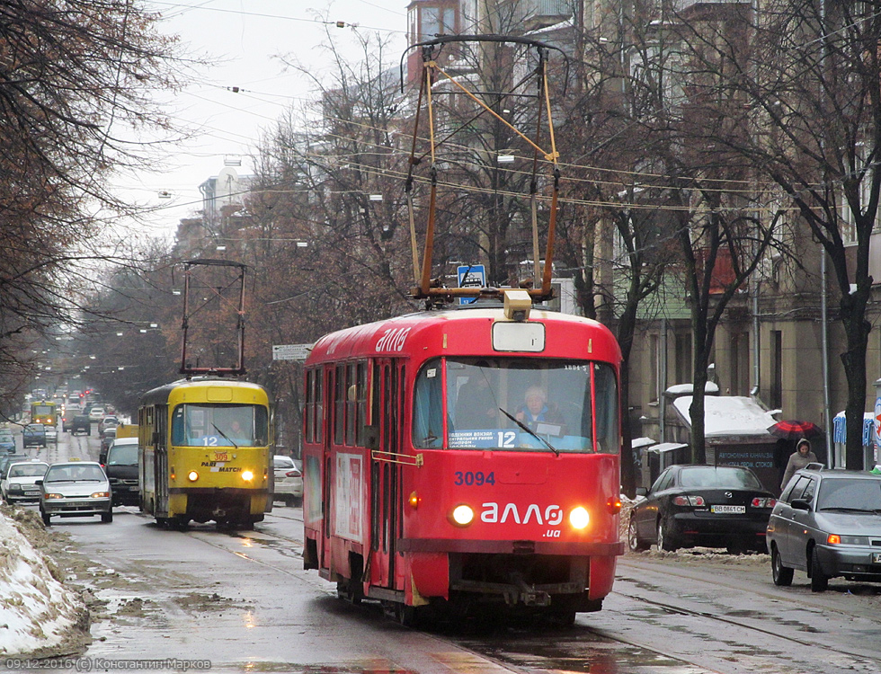 Tatra-T3SU #3094 12-го маршрута на улице Мироносицкой возле перекрестка с улицей Веснина