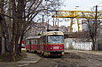 Tatra-T3SU #3096-3097 3-го маршрута выезжает из Октябрьского трамвайного депо на улицу Москалёвскую