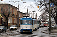 Tatra-T3A #4045-4046 3-го маршрута повернул на улицу Гольдберговскую из Рыбасовского переулка