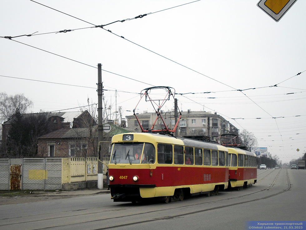 Tatra-T3A #4047-4048 3-го маршрута на улице Москалевской возле улицы Валерьяновской