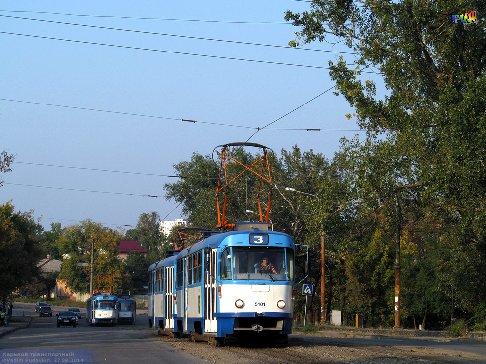 Tatra-T3A #5101-5102 3-го маршрута на улице Октябрьской Революции поднимается на Основянский мост