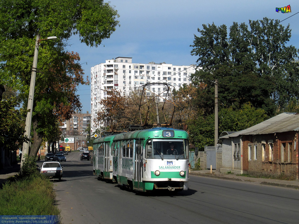 Tatra-T3A #5171-5172 3-го маршрута в Рыбасовском переулке возле Нетеченского бульвара