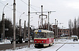 Tatra-T3 #6900 5-го маршрута на проспекте Героев Сталинграда прибывает на конечную станцию "Проспект Гагарина"