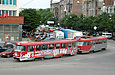 Tatra-T3SU #7000-7001 6-го маршрута поворачивает с улицы Полтавский шлях на улицу Красноармейскую