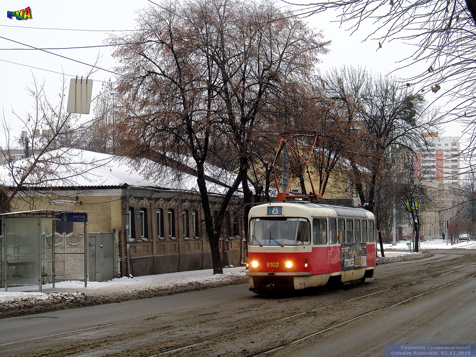 Tatra-T3M #8102 8-го маршрута на улице Плехановской в районе улицы Полевой