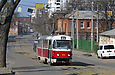 Tatra-T3SU #311 следует изменённым 27-м маршутом в переулке Рыбасовском перед перекрёстком с улицей Гольдберговской