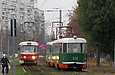 Tatra-T3SUCS #315 и Tatra-T3SU #693-694 27-го маршрута на улице Академика Павлова возле станции метро "Студенческая"