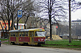 Tatra-T3SU #334 15-го маршрута на однопутном участке линии по Харьковской набережной перед остановкой "Харьковский мост"