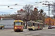 Tatra-T3SU #337 1-го маршрута (следует в депо) и КТМ-19КТ #3103-3102 3-го маршрута на улице Конева возле Симферопольского переулка