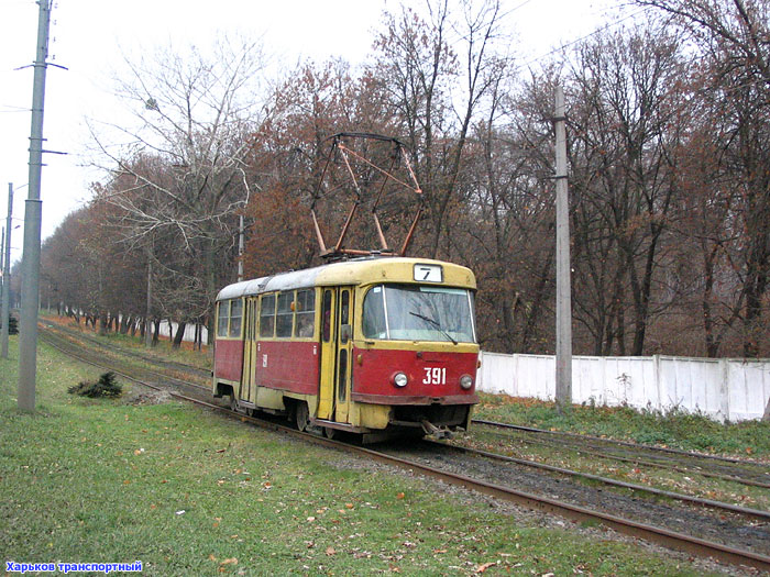 Tatra-T3SU #391 7-го маршрута на Белгородском шоссе между остановками "Подстанция" и "Сокольники"