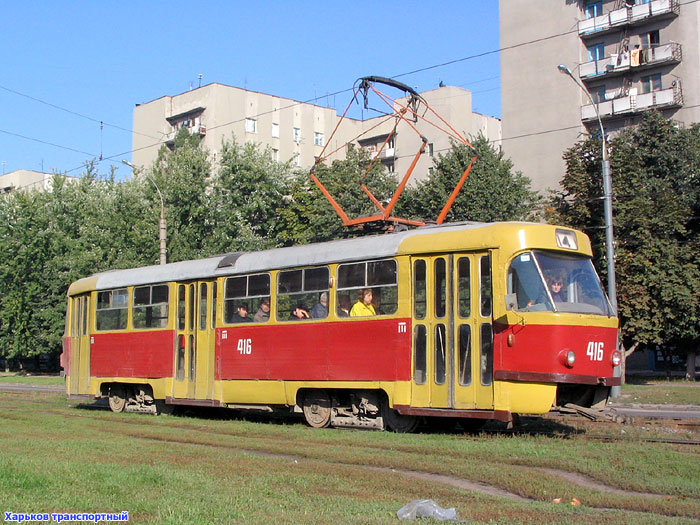 Tatra-T3SU #416 14-го маршрута на проспекте Героев Сталинграда в районе пересечения с улицей Фонвизина