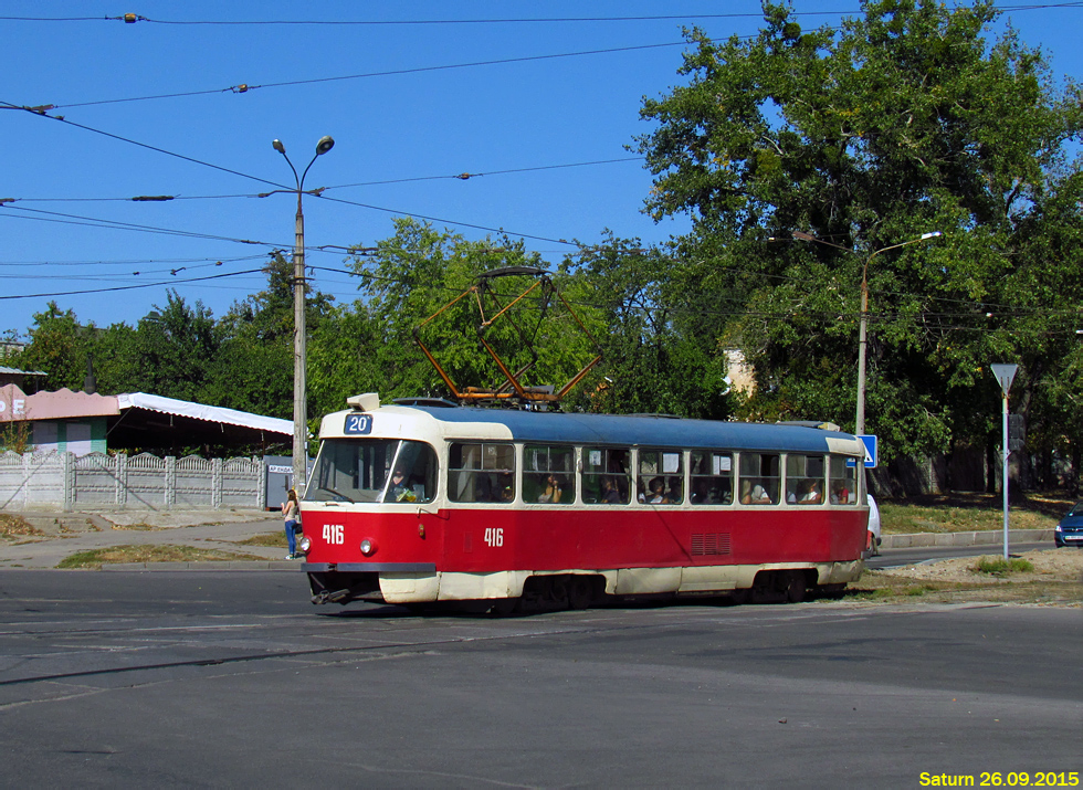 Tatra-T3SU #416 20-го маршрута поворачивает с проспекта Победы на улицу Клочковскую