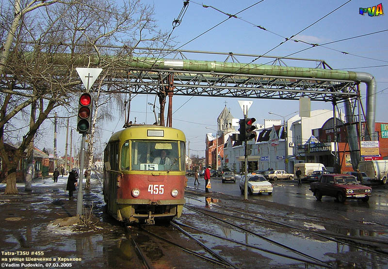 Tatra-T3SU #455 15-го маршрута на улице Шевченко в районе пересечения с улицей Матюшенко