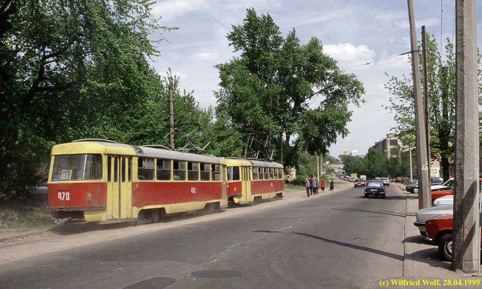 Tatra-T3SU #469-470 15-го маршрута на улице Шевченко возле фабрики "Красная Нить"