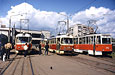 Tatra-T3SU #1894-1895 22-го маршрута, Tatra-T3SU #511-512 23-го маршрута и КТМ-5М3 #746-756 24-го маршрута на конечной станции "602-й микрорайон"