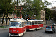 Tatra-T3SU #513-514 27-го маршрута поворачивает с улицы 1-ой Конной армии на улицу Октябрьской революции